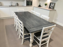 Load image into Gallery viewer, Farmhouse Table with Turned Legs, Chair Set Carbon Gray Whitewash Top and Antique White Base, Wooden Dining Table
