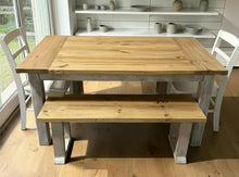 Load image into Gallery viewer, Farmhouse Dining Table with Benches and Chairs, Special Walnut, Dark Distressed Antique White, 5ft Kitchen Table Set
