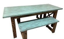 Load image into Gallery viewer, Narrow Farmhouse Dining Table - With Benches - Teal, Dark Walnut - Beach Décor Feel - Small Wooden Kitchen Table - X Design
