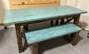 Narrow Farmhouse Dining Table - With Benches - Teal, Dark Walnut - Beach Décor Feel - Small Wooden Kitchen Table - X Design