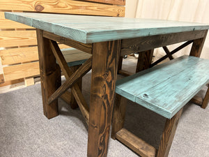 Narrow Farmhouse Dining Table - With Benches - Teal, Dark Walnut - Beach Décor Feel - Small Wooden Kitchen Table - X Design