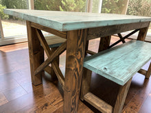 Load image into Gallery viewer, Narrow Farmhouse Dining Table - With Benches - Teal, Dark Walnut - Beach Décor Feel - Small Wooden Kitchen Table - X Design
