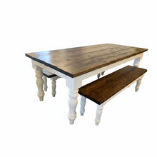 Load image into Gallery viewer, Handmade Chunky Leg Farmhouse Table with Benches: Dark Walnut &amp; Antique White Dining Set
