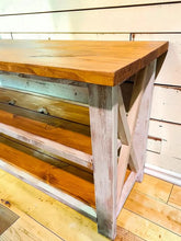 Load image into Gallery viewer, Rustic Farmhouse Buffet Table: Distressed White &amp; Gunstock Shelving
