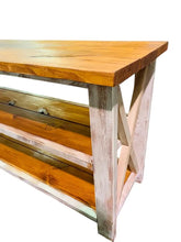 Load image into Gallery viewer, Rustic Farmhouse Buffet Table: Distressed White &amp; Gunstock Shelving
