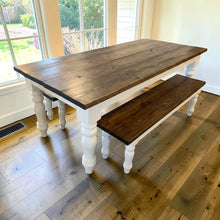 Load image into Gallery viewer, Handmade Chunky Leg Farmhouse Table with Benches: Dark Walnut &amp; Antique White Dining Set
