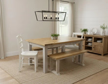 Load image into Gallery viewer, Farmhouse Dining Table with Benches and Chairs, Special Walnut, Dark Distressed Antique White, 5ft Kitchen Table Set
