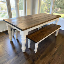 Load image into Gallery viewer, Handmade Chunky Leg Farmhouse Table with Benches: Dark Walnut &amp; Antique White Dining Set
