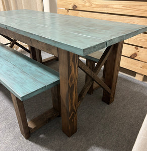 Narrow Farmhouse Dining Table - With Benches - Teal, Dark Walnut - Beach Décor Feel - Small Wooden Kitchen Table - X Design