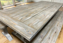 Load image into Gallery viewer, Farmhouse Trestle Table Set: Gray White Wash, Distressed White, Long Benches
