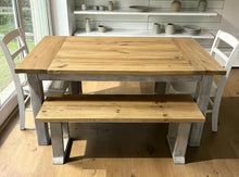 Load image into Gallery viewer, Farmhouse Dining Table with Benches and Chairs, Special Walnut, Dark Distressed Antique White, 5ft Kitchen Table Set
