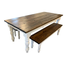 Load image into Gallery viewer, Handmade Chunky Leg Farmhouse Table with Benches: Dark Walnut &amp; Antique White Dining Set
