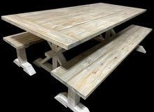 Load image into Gallery viewer, Farmhouse Trestle Table Set: Gray White Wash, Distressed White, Long Benches
