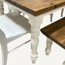Load image into Gallery viewer, 6-Foot Table Set - Farmhouse Style with Turned Table Legs - Chairs and Bench Seating - White and Provincial Brown - Wooden Kitchen Table Set
