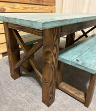 Load image into Gallery viewer, Narrow Farmhouse Dining Table - With Benches - Teal, Dark Walnut - Beach Décor Feel - Small Wooden Kitchen Table - X Design
