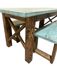 Load image into Gallery viewer, Narrow Farmhouse Dining Table - With Benches - Teal, Dark Walnut - Beach Décor Feel - Small Wooden Kitchen Table - X Design
