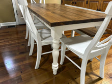 Load image into Gallery viewer, 6-Foot Table Set - Farmhouse Style with Turned Table Legs - Chairs and Bench Seating - White and Provincial Brown - Wooden Kitchen Table Set
