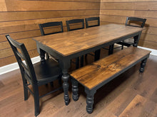 Load image into Gallery viewer, Modern Farmhouse Dining Set: Black Base, Provincial Brown Top, Turned Leg Table

