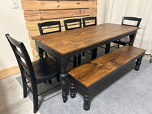 Load image into Gallery viewer, Modern Turned Leg Farmhouse Table Set with Bench and Chairs (Provincial and Black)
