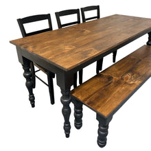 Load image into Gallery viewer, Modern Farmhouse Dining Set: Black Base, Provincial Brown Top, Turned Leg Table

