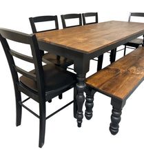 Load image into Gallery viewer, Modern Farmhouse Dining Set: Black Base, Provincial Brown Top, Turned Leg Table
