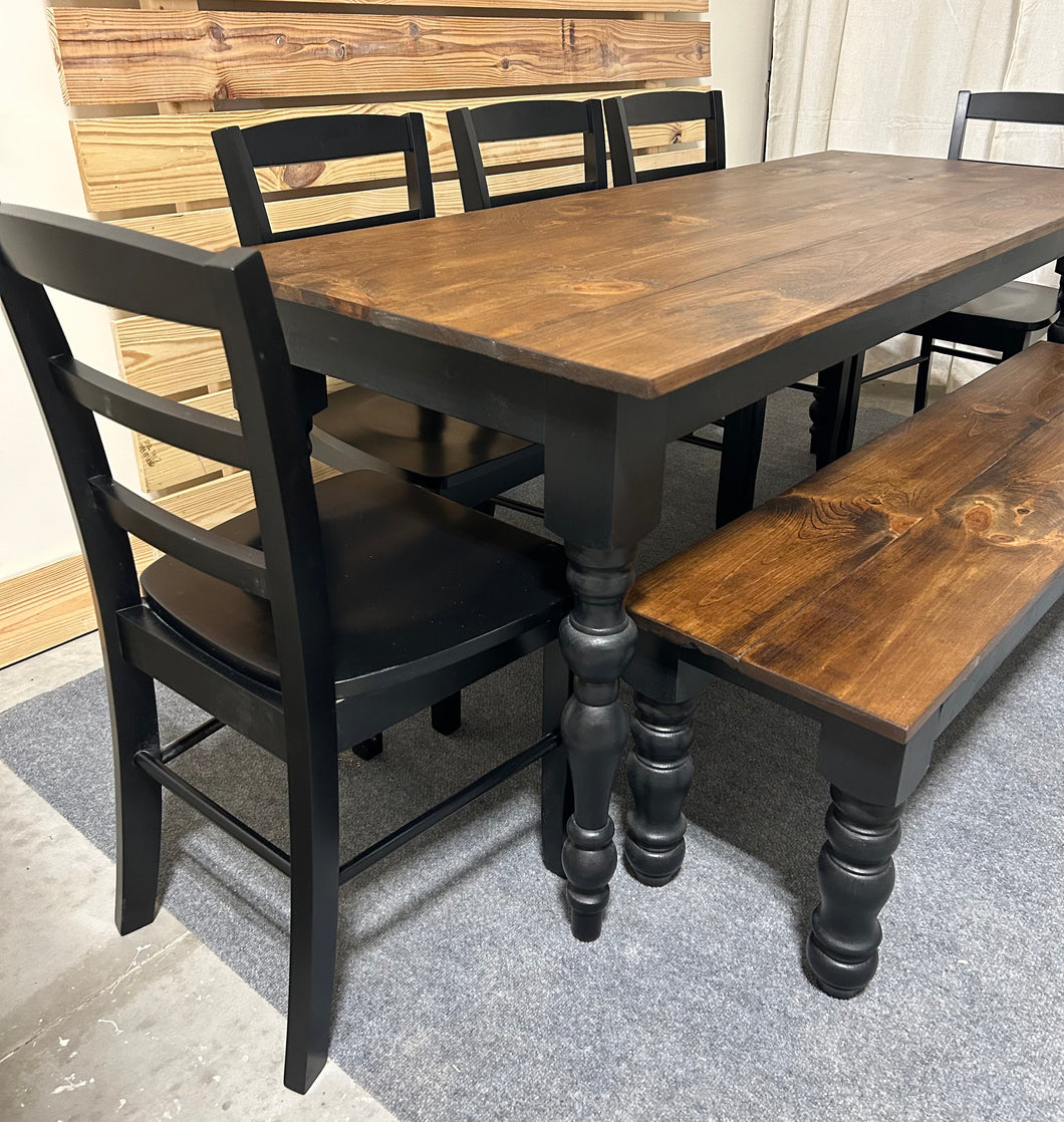 Modern Turned Leg Farmhouse Table Set with Bench and Chairs (Provincial and Black)