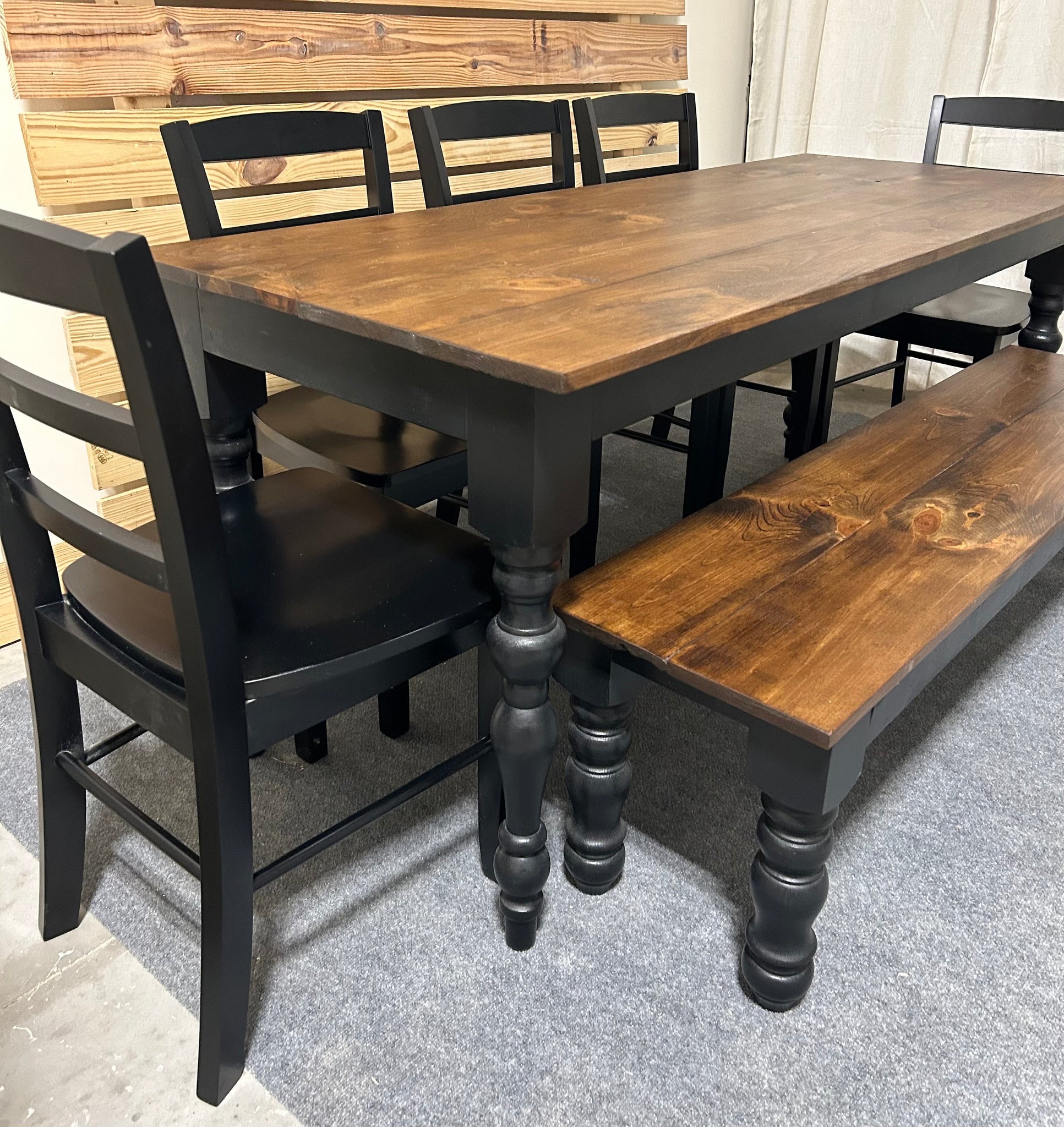 Modern Farmhouse Dining Set: Black Base, Provincial Brown Top, Turned Leg Table