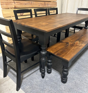 Modern Turned Leg Farmhouse Table Set with Bench and Chairs (Provincial and Black)