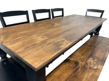 Load image into Gallery viewer, Modern Farmhouse Dining Set: Black Base, Provincial Brown Top, Turned Leg Table
