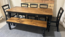 Load image into Gallery viewer, Modern Turned Leg Farmhouse Table Set with Bench and Chairs (Provincial and Black)
