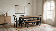 Load image into Gallery viewer, Modern Farmhouse Dining Set: Black Base, Provincial Brown Top, Turned Leg Table
