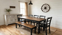 Load image into Gallery viewer, Modern Farmhouse Dining Set: Black Base, Provincial Brown Top, Turned Leg Table

