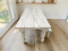 Load image into Gallery viewer, 7-Foot Rustic Farmhouse Table and Bench with Turned Legs, White Distressed Top and  Base, Wooden Dining Table, Kitchen Table
