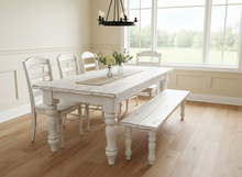 Load image into Gallery viewer, 7-Foot Rustic Farmhouse Table and Bench with Turned Legs, White Distressed Top and  Base, Wooden Dining Table, Kitchen Table
