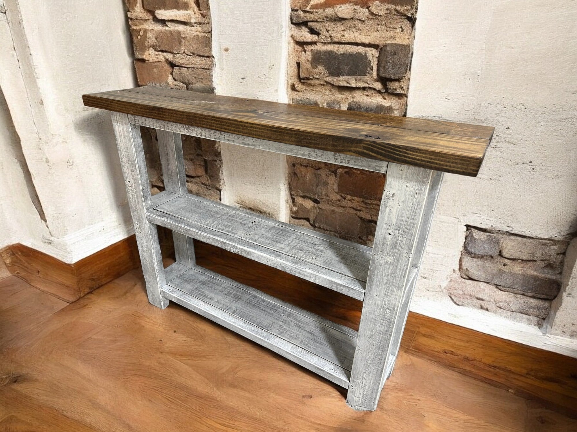 Farmhouse Console Table Dark Walnut Distressed White
