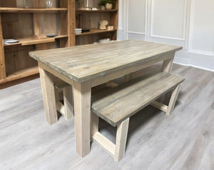 Small Dining Table Set with Table and Benches Simply White and Gray White Wash Wooden Kitchen Table Set