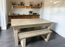 Load image into Gallery viewer, Small Dining Table Set with Table and Benches - Simply White and Gray White Wash - Wooden Kitchen Table Set
