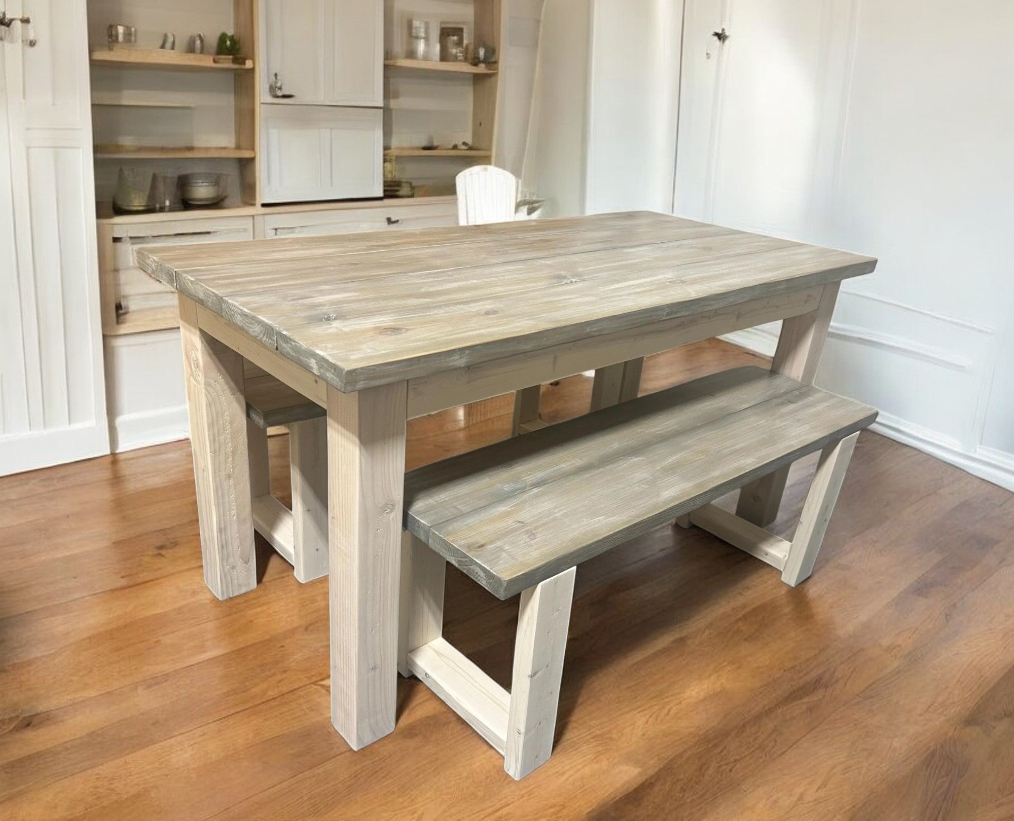 Small Dining Table Set with Table and Benches Simply White and Gray White Wash Wooden Kitchen Table Set