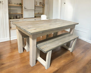 Small Dining Table Set with Table and Benches - Simply White and Gray White Wash - Wooden Kitchen Table Set