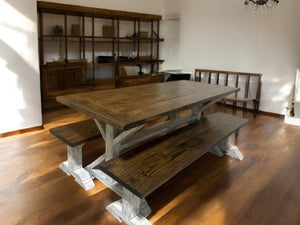 6ft Classic Trestle Table With Benches (Dark Walnut, Distressed White Base)