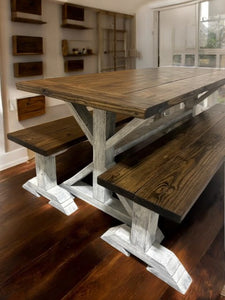 6ft Classic Trestle Table With Benches (Dark Walnut, Distressed White Base)