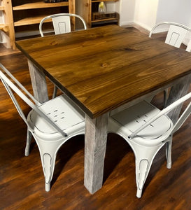 Square Table Set - Farmhouse Style Table with Distressed White and Provincial Brown - White Metal Chairs - Small Kitchen Table Set