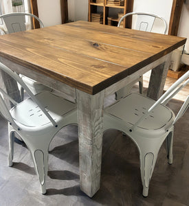 Square Table Set - Farmhouse Style Table with Distressed White and Provincial Brown - White Metal Chairs - Small Kitchen Table Set