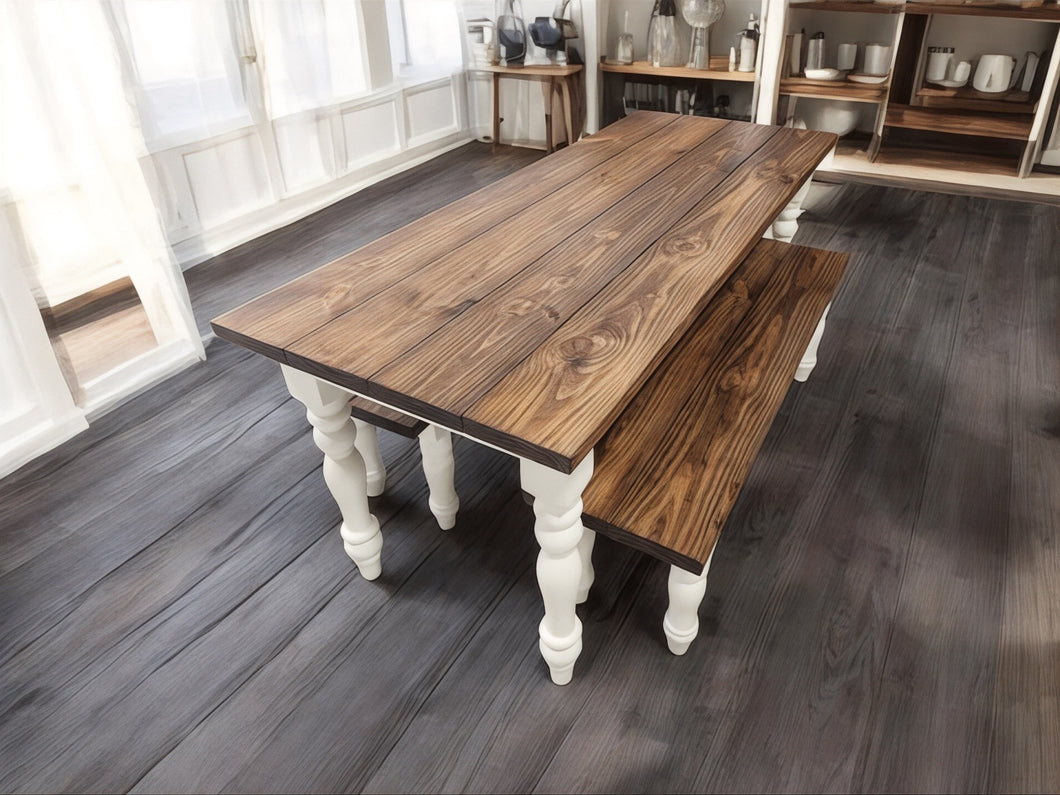 Farmhouse Table Narrow Turned Leg With Benches (Provincial, Antique White)