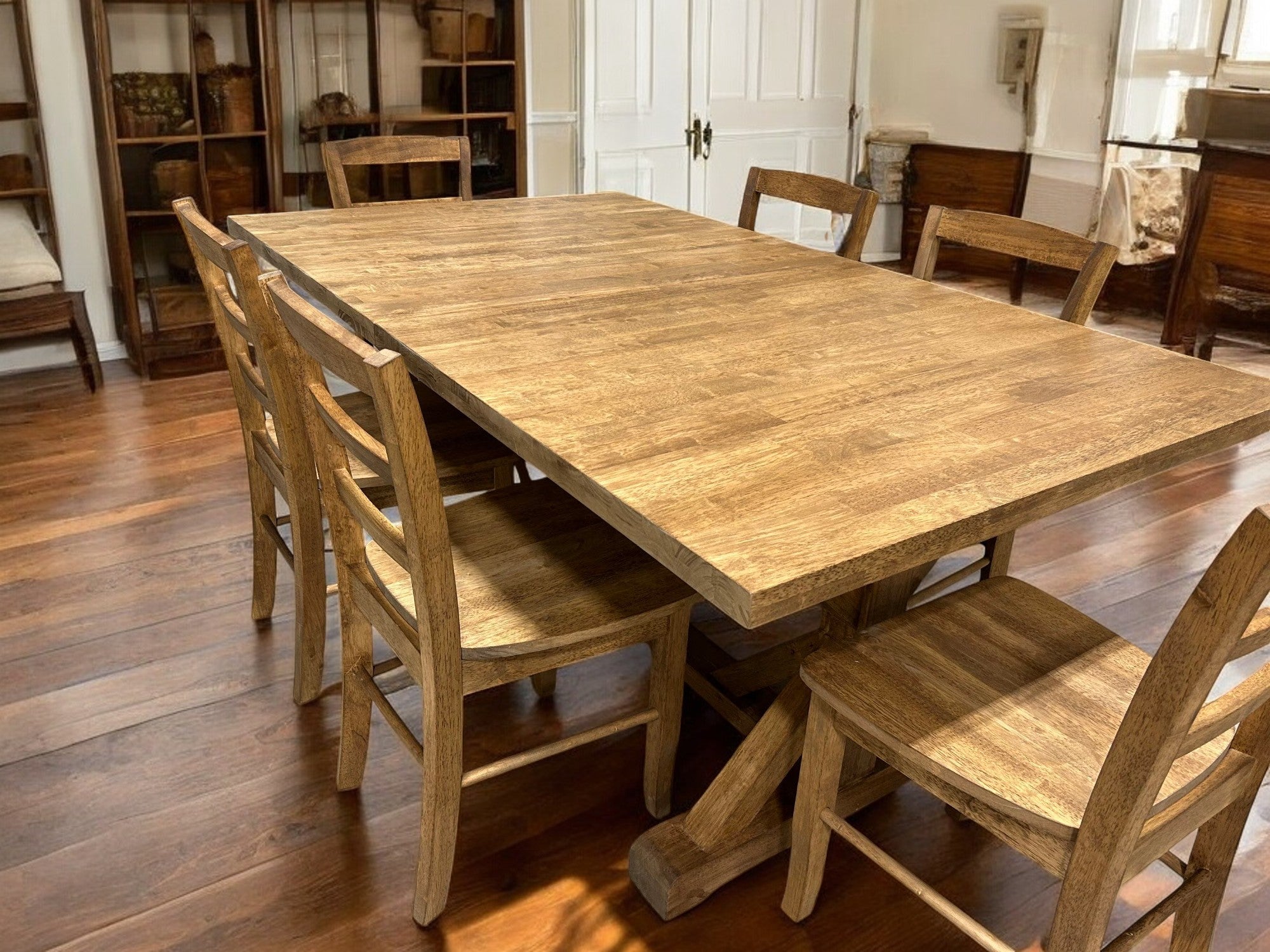 Extendable Trestle Farmhouse Table Two Leaf with Chairs Provincial