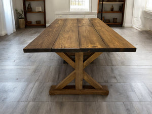 wooden trellis table 6-Foot Farmhouse Trestle Table: Stained Wooden Dining Set