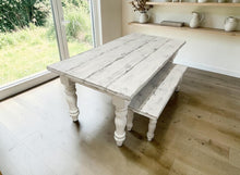 Load image into Gallery viewer, 7-Foot Rustic Farmhouse Table and Bench with Turned Legs, White Distressed Top and  Base, Wooden Dining Table, Kitchen Table
