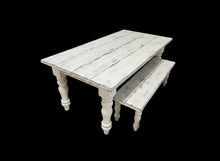 Load image into Gallery viewer, 7-Foot Rustic Farmhouse Table and Bench with Turned Legs, White Distressed Top and  Base, Wooden Dining Table, Kitchen Table
