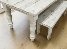 Load image into Gallery viewer, 7-Foot Rustic Farmhouse Table and Bench with Turned Legs, White Distressed Top and  Base, Wooden Dining Table, Kitchen Table
