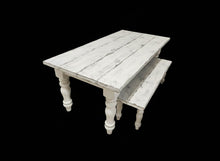 Load image into Gallery viewer, 7-Foot Rustic Farmhouse Table and Bench with Turned Legs, White Distressed Top and  Base, Wooden Dining Table, Kitchen Table
